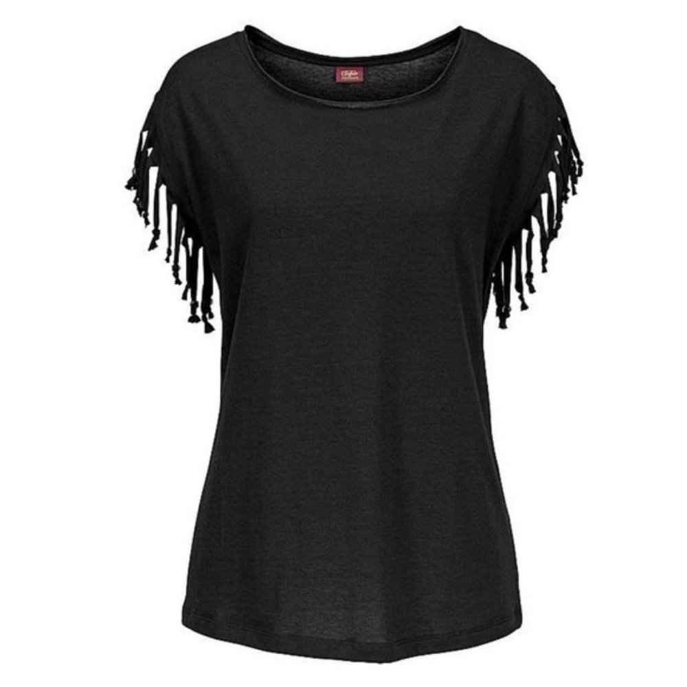 Black Fringed short sleeve casual top